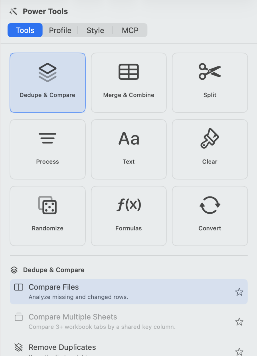 CSV Power Editor Power Tools inspector with cleanup tool tiles.